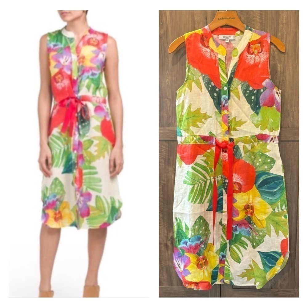 Allegra Masetti 100% Linen Floral Dress XS Sleeveless Tropical‎ Button Down